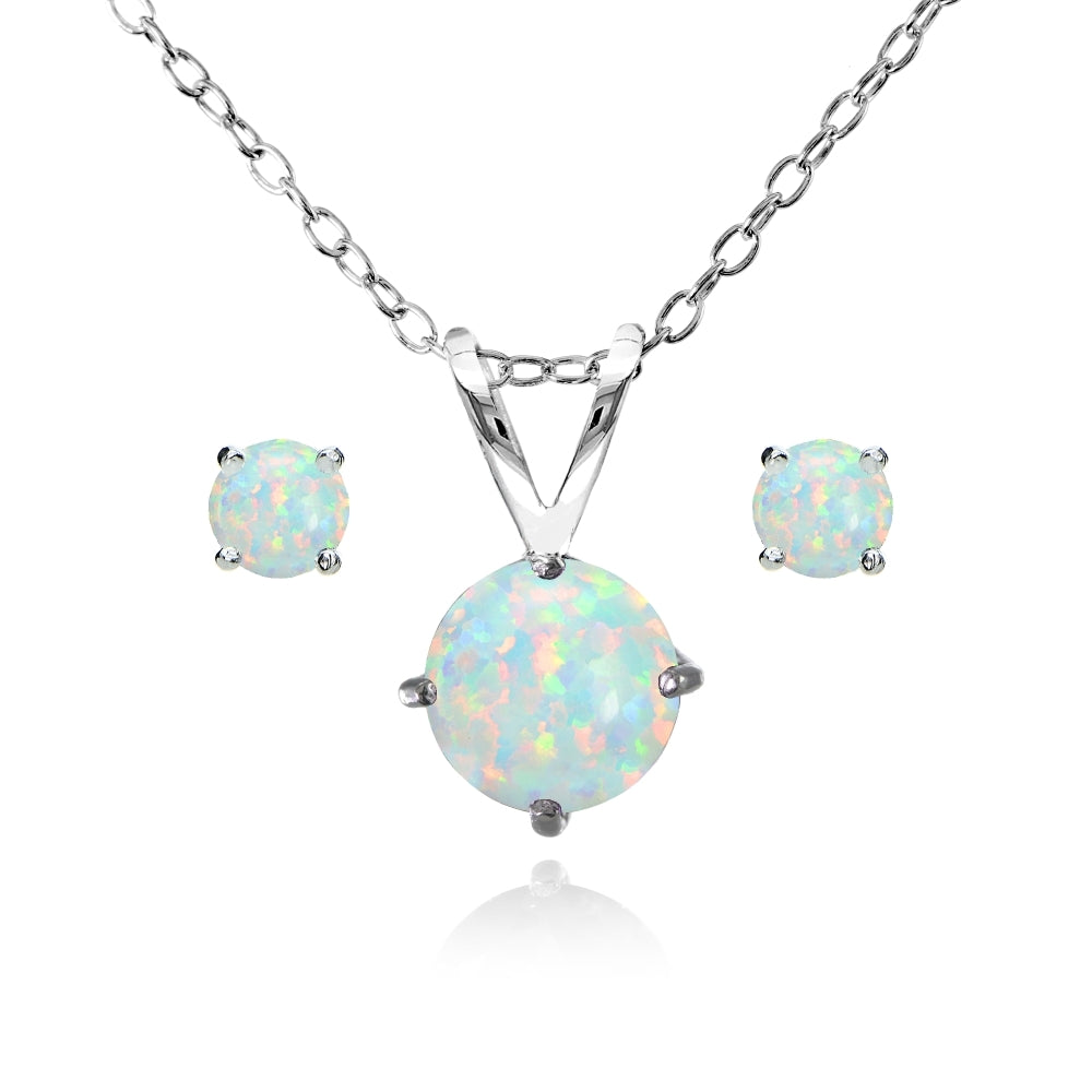 Sterling Silver Created White Opal Round Solitaire Necklace and Stud Earrings Set