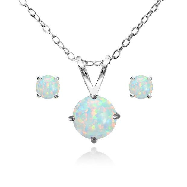 Sterling Silver Created White Opal Round Solitaire Necklace and Stud Earrings Set