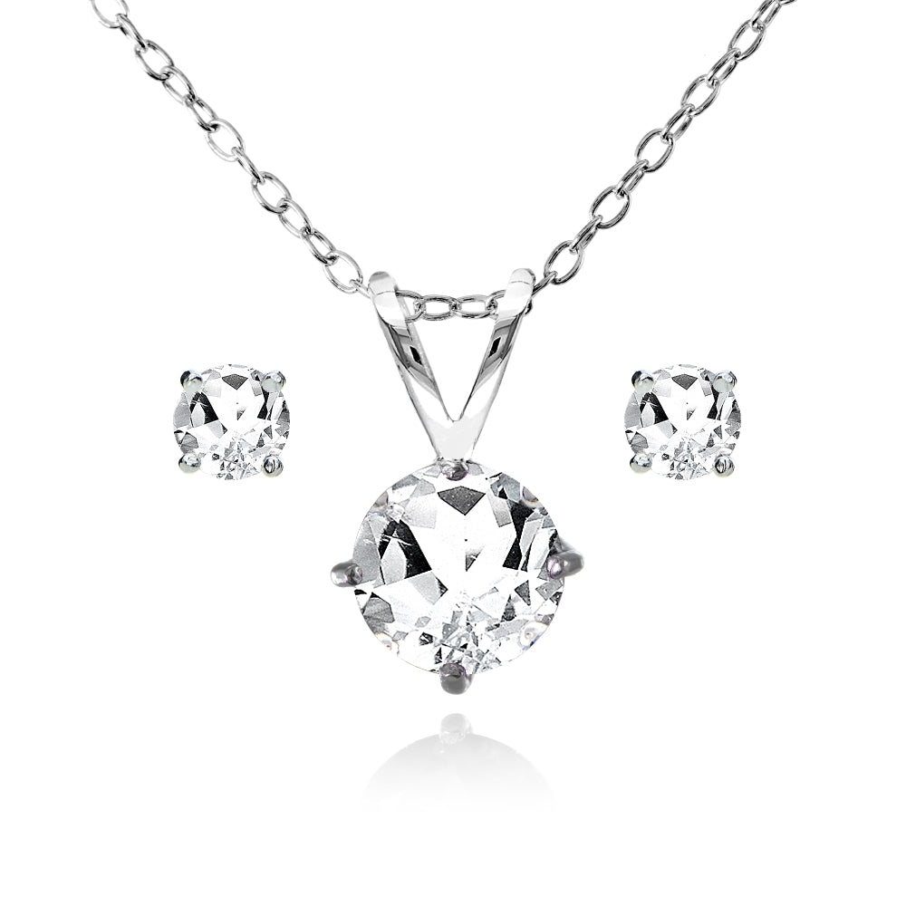 Sterling Silver White Topaz Round Solitaire Necklace and Stud Earrings Set