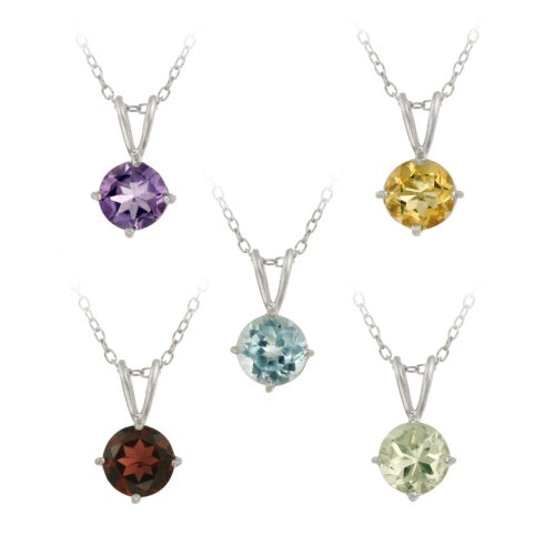 Sterling Silver 6.85ct TGW 7mm Round Amethyst, Blue Topaz, Citrine, Garnet & Green Amethyst Solitaire Pendants Set, 18"