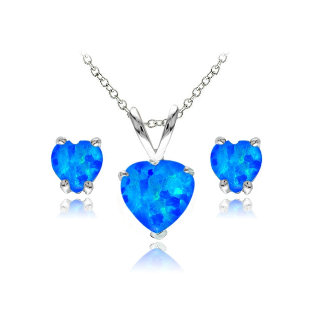 Sterling Silver Created Blue Opal Heart Solitaire Necklace and Stud Earrings Set