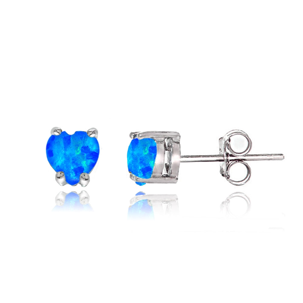 Sterling Silver Created Blue Opal Heart Solitaire Necklace and Stud Earrings Set-2