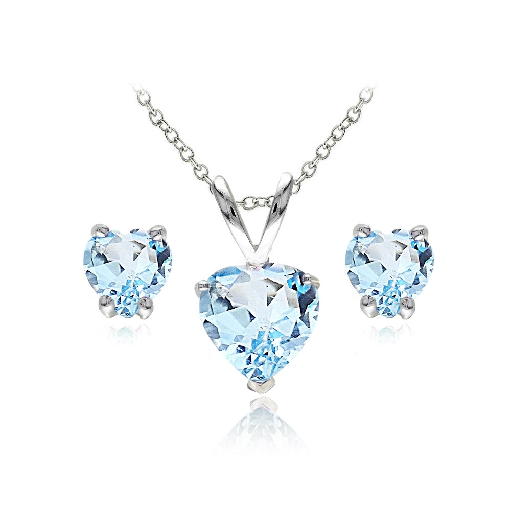Sterling Silver Blue Topaz Heart Solitaire Necklace and Stud Earrings Set