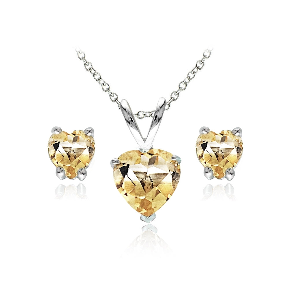Sterling Silver Citrine Heart Solitaire Necklace and Stud Earrings Set
