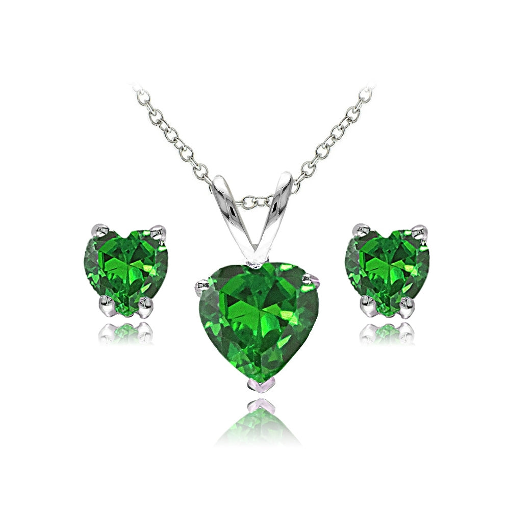 Sterling Silver Created Emerald Heart Solitaire Necklace and Stud Earrings Set