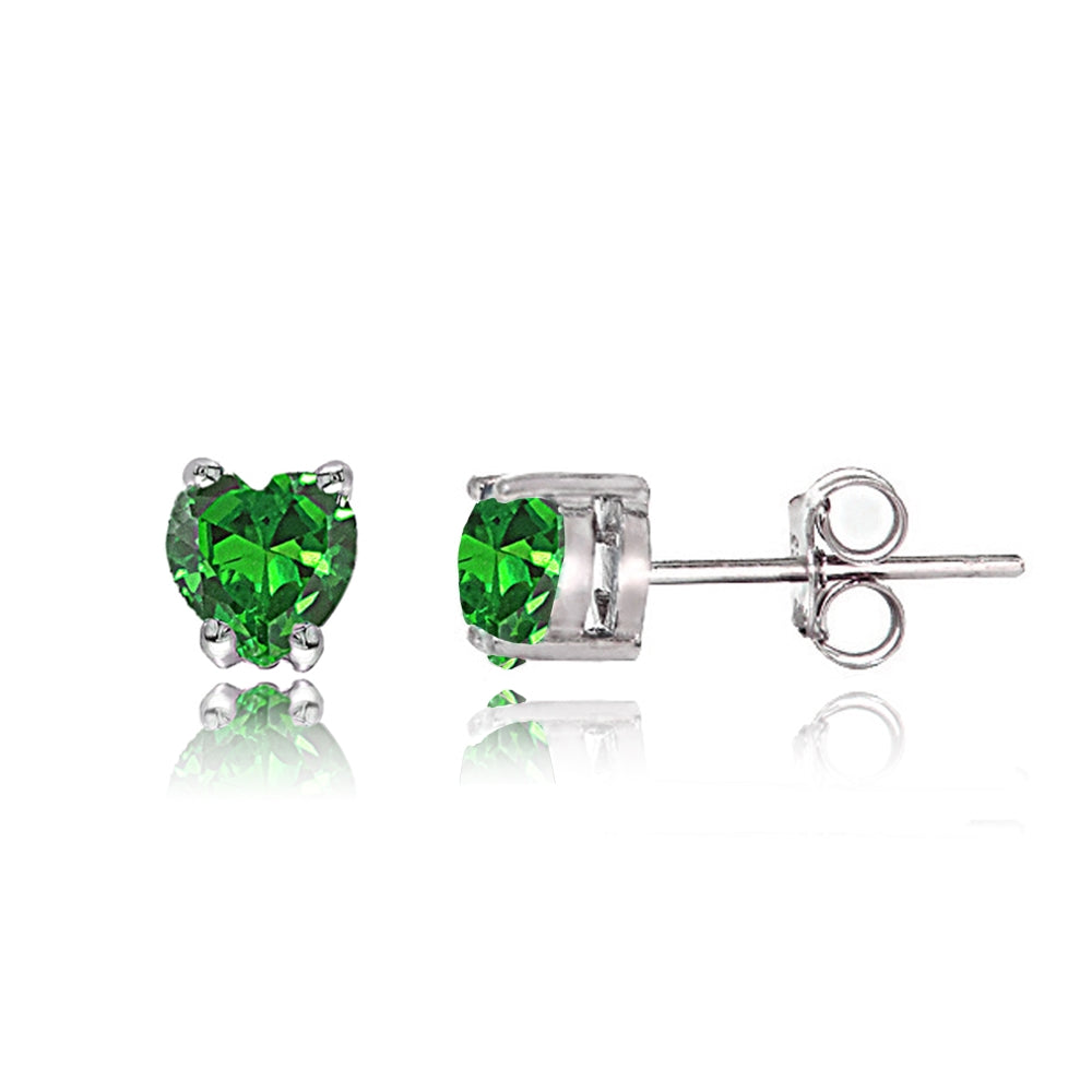 Sterling Silver Created Emerald Heart Solitaire Necklace and Stud Earrings Set-2
