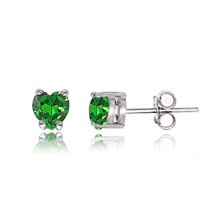 Sterling Silver Created Emerald Heart Solitaire Necklace and Stud Earrings Set