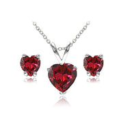 Sterling Silver Created Ruby Heart Solitaire Necklace and Stud Earrings Set