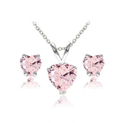 Sterling Silver Created Morganite Heart Solitaire Necklace and Stud Earrings Set