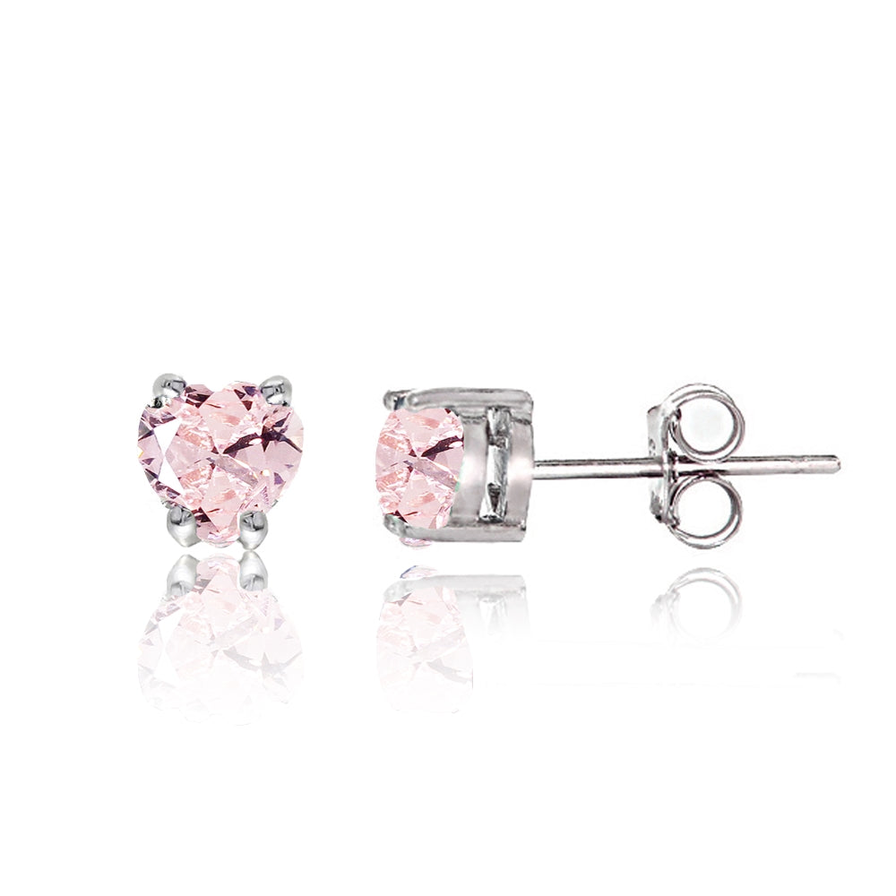Sterling Silver Created Morganite Heart Solitaire Necklace and Stud Earrings Set-2