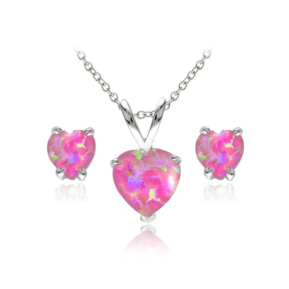 Sterling Silver Created Pink Opal Heart Solitaire Necklace and Stud Earrings Set