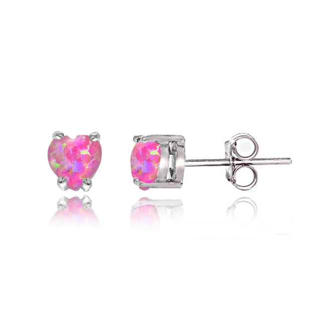 Sterling Silver Created Pink Opal Heart Solitaire Necklace and Stud Earrings Set