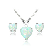 Sterling Silver Created White Opal Heart Solitaire Necklace and Stud Earrings Set