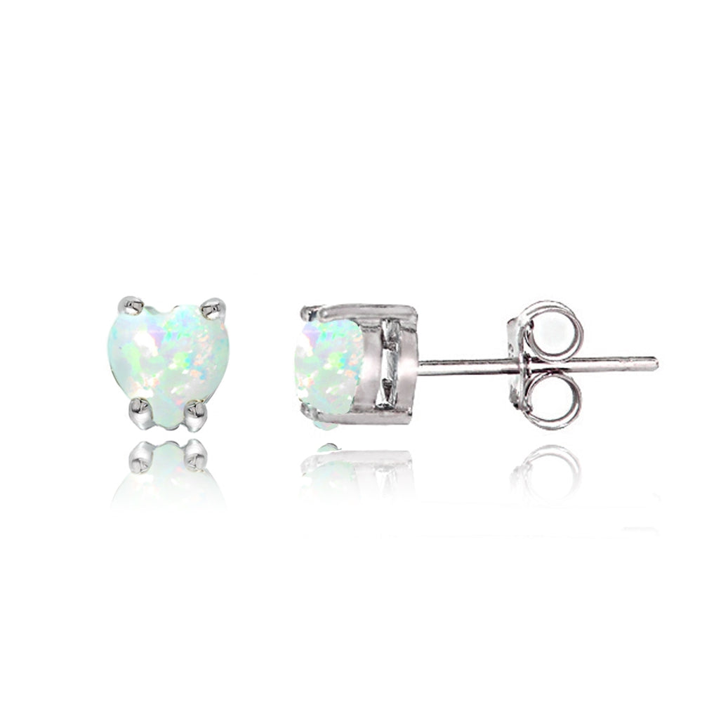 Sterling Silver Created White Opal Heart Solitaire Necklace and Stud Earrings Set-2