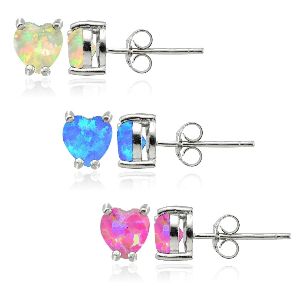 Sterling Silver 1.2ct Blue White and Pink Created Opal 5mm Heart Stud Earrings, Set of 3
