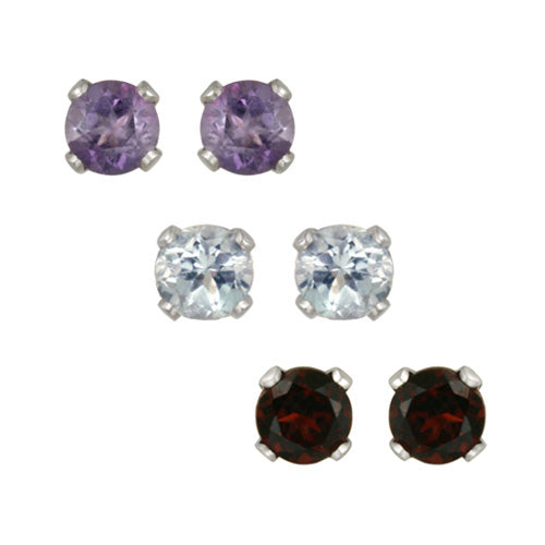 Sterling Silver 3mm Amethyst, Blue Topaz, Garnet Stud Earrings Set