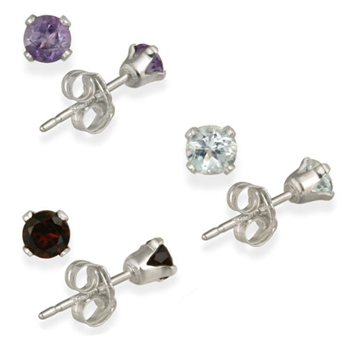 Sterling Silver 3mm Amethyst, Blue Topaz, Garnet Stud Earrings Set-2