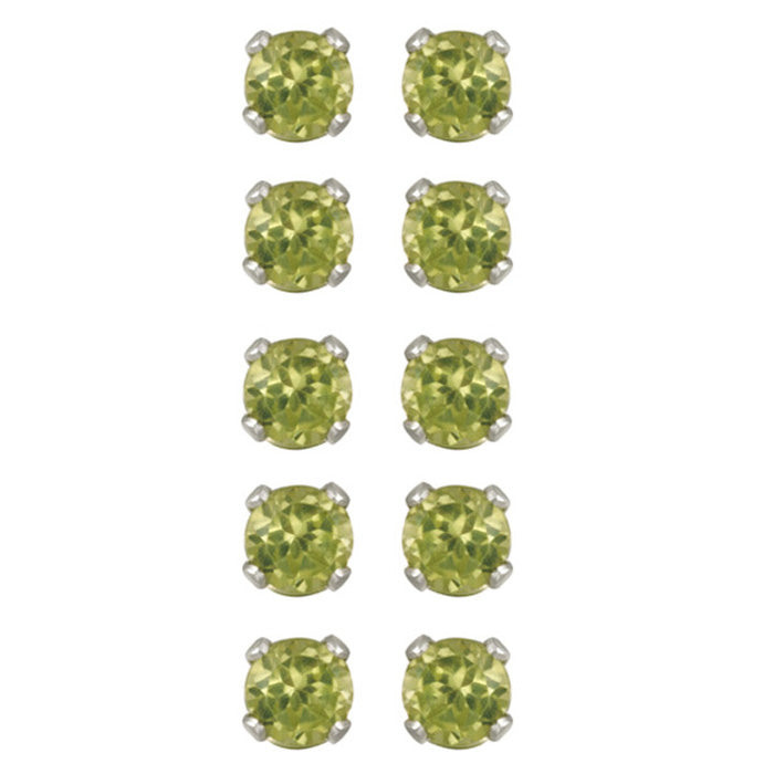 Sterling Silver 2.8ct Peridot 4mm Stud Earrings, Set of 5