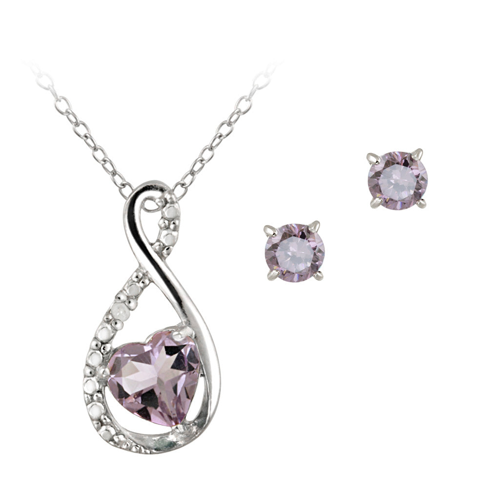 Sterling Silver Amethyst & Diamond Accent Swirl Heart Necklace and Earrings Set-2