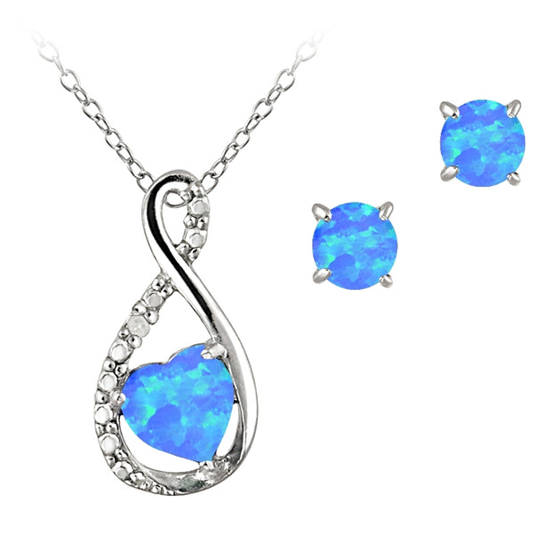 Sterling Silver Blue Opal and Diamond Accent Swirl Heart Necklace and Earrings Set