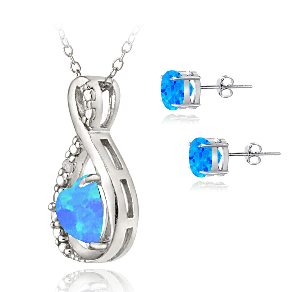 Sterling Silver Blue Opal and Diamond Accent Swirl Heart Necklace and Earrings Set-2