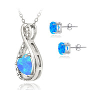 Sterling Silver Blue Opal and Diamond Accent Swirl Heart Necklace and Earrings Set