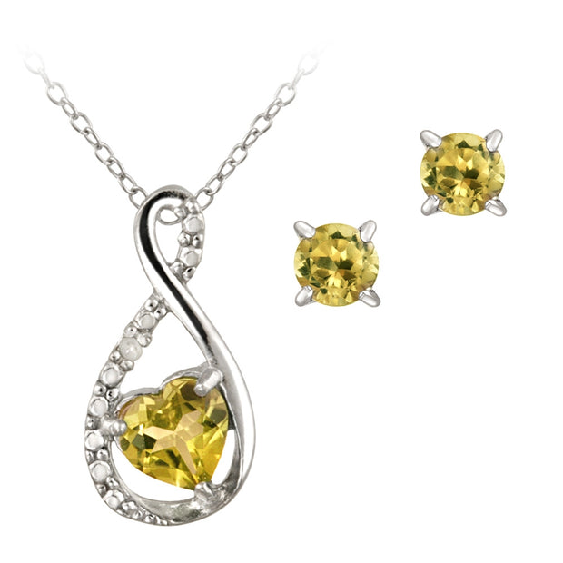 Sterling Silver Citrine & Diamond Accent Swirl Heart Necklace and Earrings Set