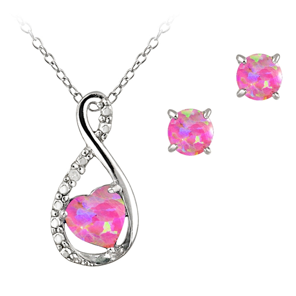 Sterling Silver Pink Opal and Diamond Accent Swirl Heart Necklace and Earrings Set