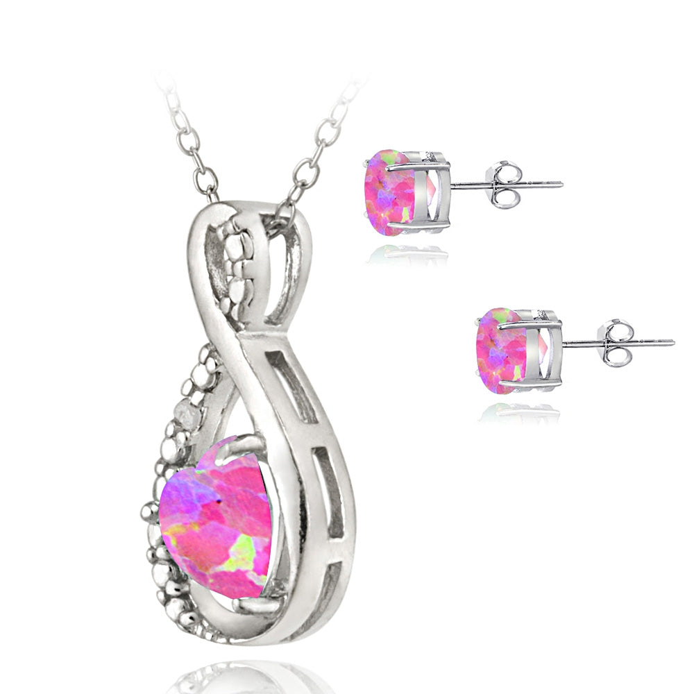 Sterling Silver Pink Opal and Diamond Accent Swirl Heart Necklace and Earrings Set-2