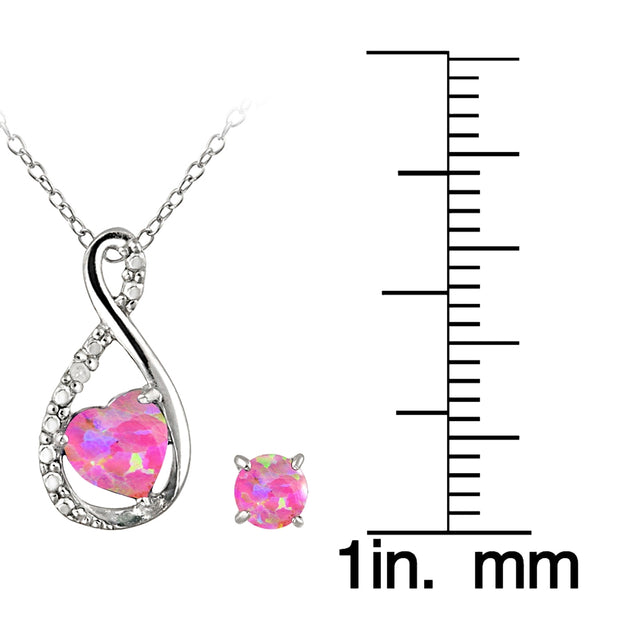 Sterling Silver Pink Opal and Diamond Accent Swirl Heart Necklace and Earrings Set