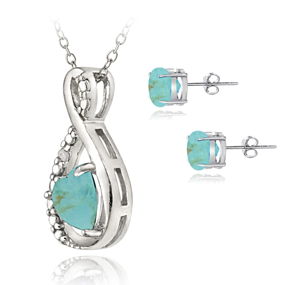 Sterling Silver Created Turquoise and Diamond Accent Swirl Heart Necklace and Earrings Set-2