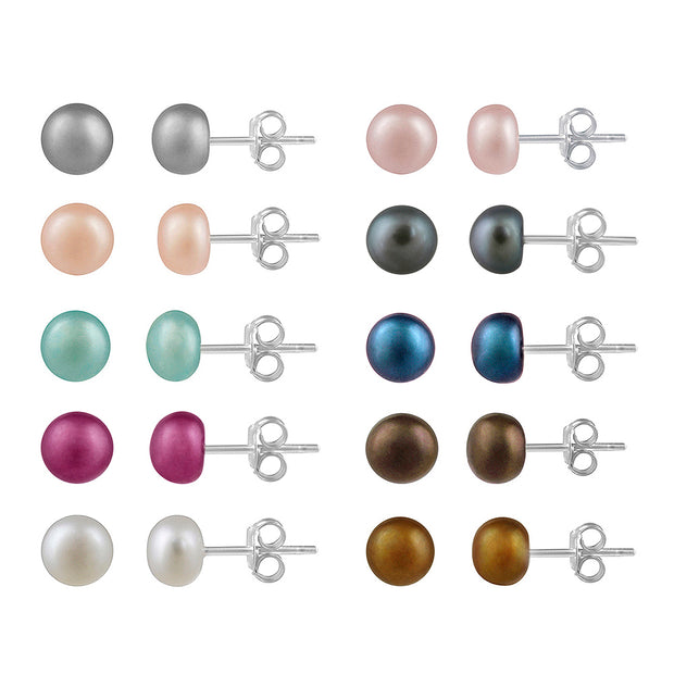 Sterling Silver 5-5.5mm Multi Color Freshwater Cultured Pearl Stud Earrings, Set of 10