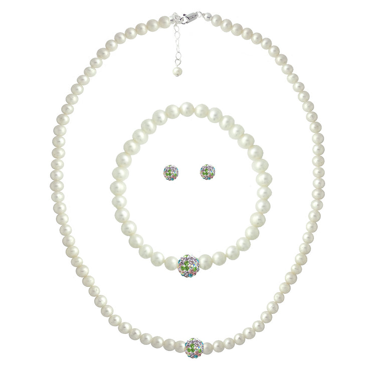 Sterling ilver Freshwater Cultured White Pearl & Multi Crystal Fireball Necklace, Bracelet & Earrings Set