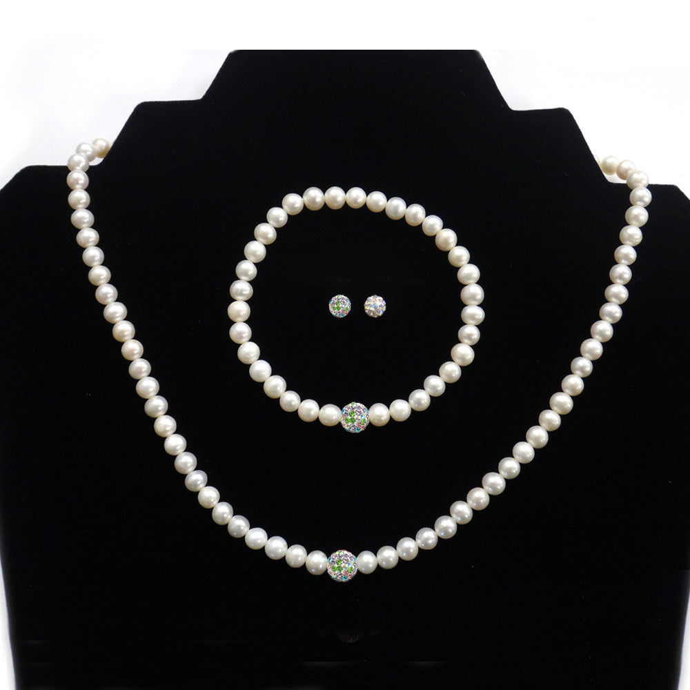Sterling ilver Freshwater Cultured White Pearl & Multi Crystal Fireball Necklace, Bracelet & Earrings Set-5