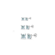 3-Pair Set Sterling Silver Blue Topaz Princess-Cut Square Stud Earrings, 3mm 4mm 5mm