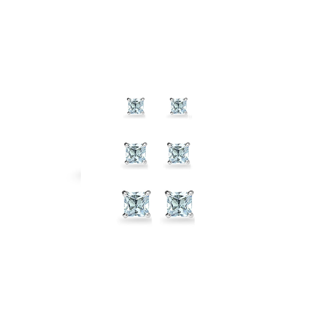 3-Pair Set Sterling Silver Blue Topaz Princess-Cut Square Stud Earrings, 3mm 4mm 5mm-2