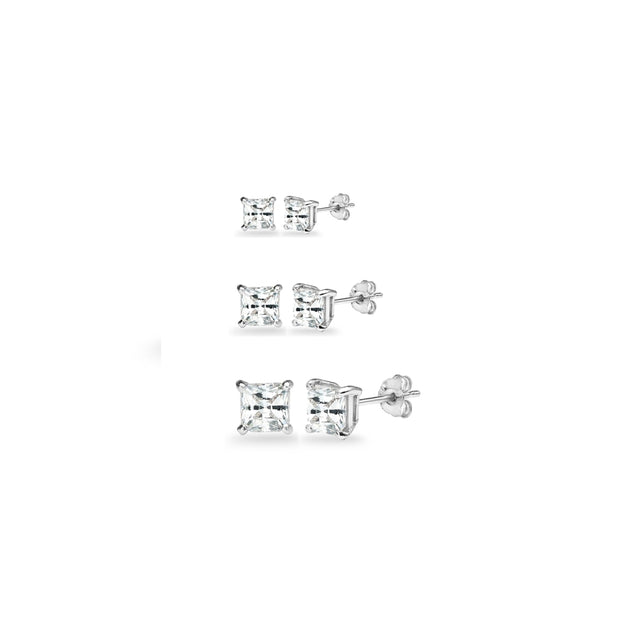 3-Pair Set Sterling Silver White Topaz Princess-Cut Square Stud Earrings, 3mm 4mm 5mm