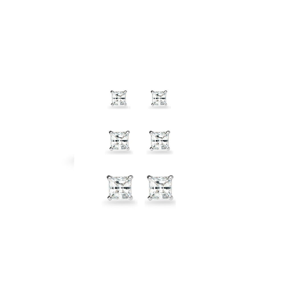 3-Pair Set Sterling Silver White Topaz Princess-Cut Square Stud Earrings, 3mm 4mm 5mm-2