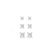 3-Pair Set Sterling Silver White Topaz Princess-Cut Square Stud Earrings, 3mm 4mm 5mm