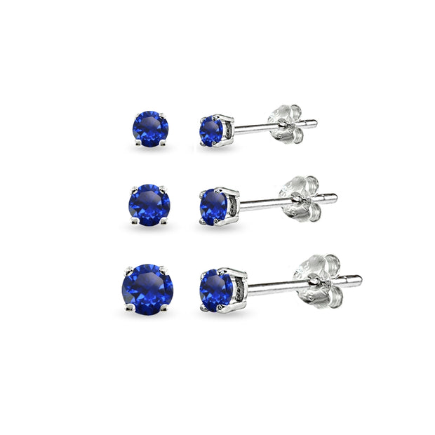 3-Pair Set Sterling Silver Created Blue Sapphire Round Stud Earrings, 3mm 4mm 5mm