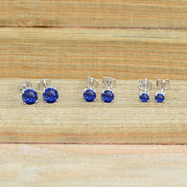 3-Pair Set Sterling Silver Created Blue Sapphire Round Stud Earrings, 3mm 4mm 5mm