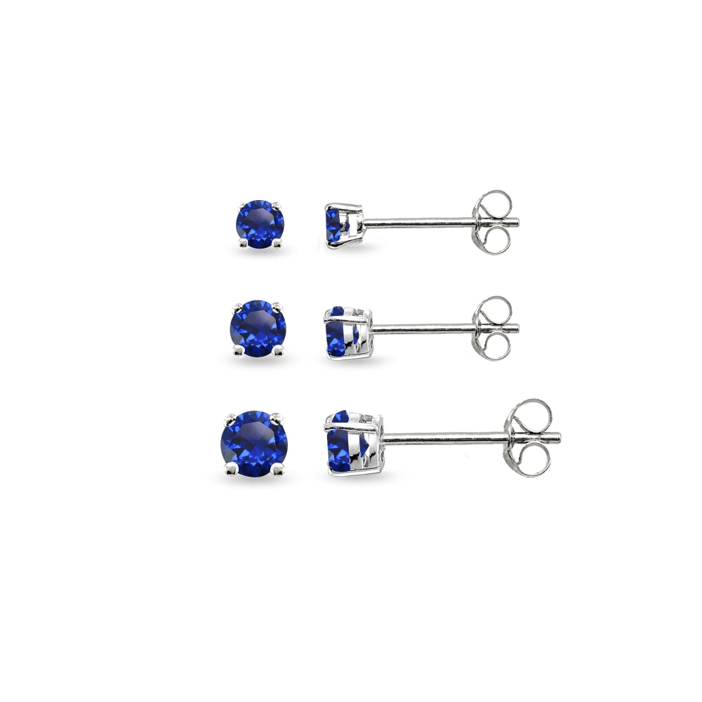 3-Pair Set Sterling Silver Created Blue Sapphire Round Stud Earrings, 3mm 4mm 5mm-4