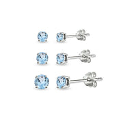 3-Pair Set Sterling Silver Blue Topaz Round Stud Earrings, 3mm 4mm 5mm