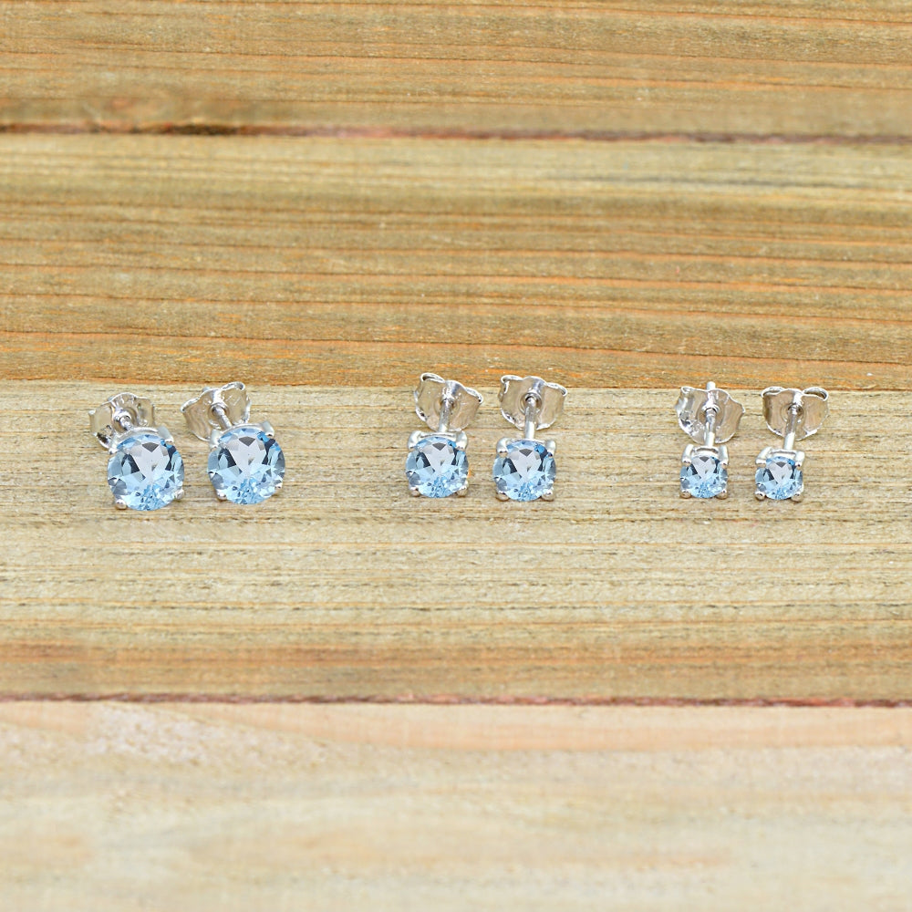 3-Pair Set Sterling Silver Blue Topaz Round Stud Earrings, 3mm 4mm 5mm-3