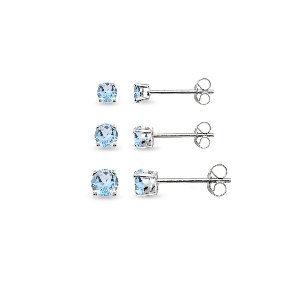 3-Pair Set Sterling Silver Blue Topaz Round Stud Earrings, 3mm 4mm 5mm-4