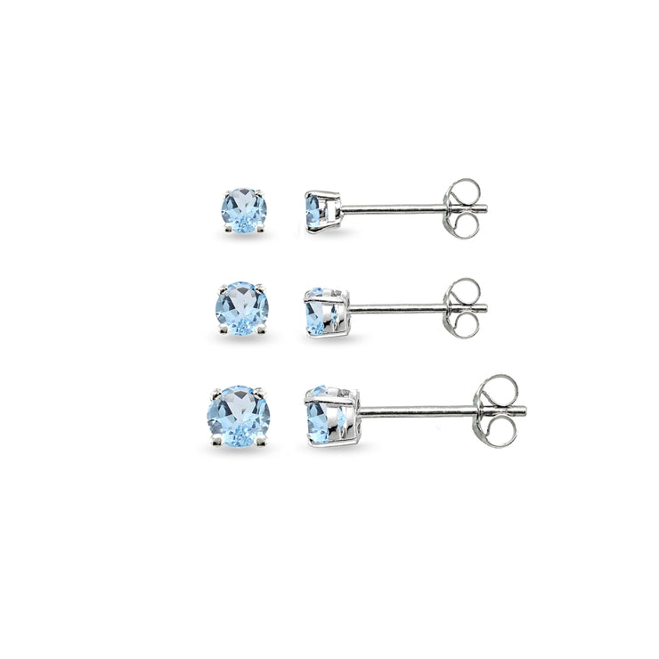 3-Pair Set Sterling Silver Blue Topaz Round Stud Earrings, 3mm 4mm 5mm