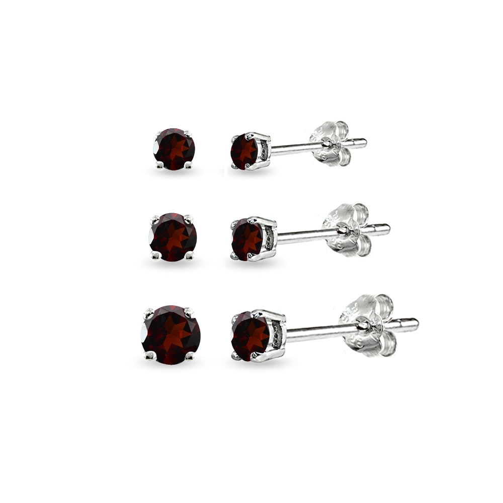 3-Pair Set Sterling Silver Garnet Round Stud Earrings, 3mm 4mm 5mm
