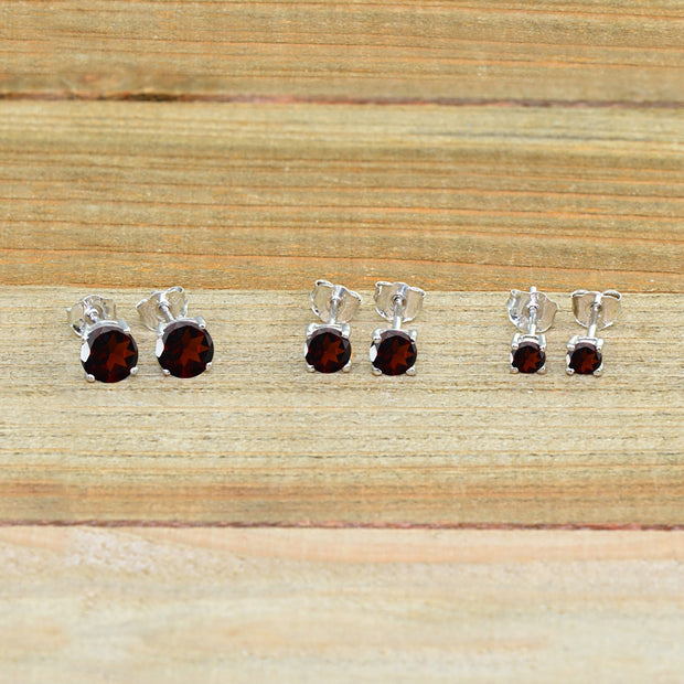 3-Pair Set Sterling Silver Garnet Round Stud Earrings, 3mm 4mm 5mm