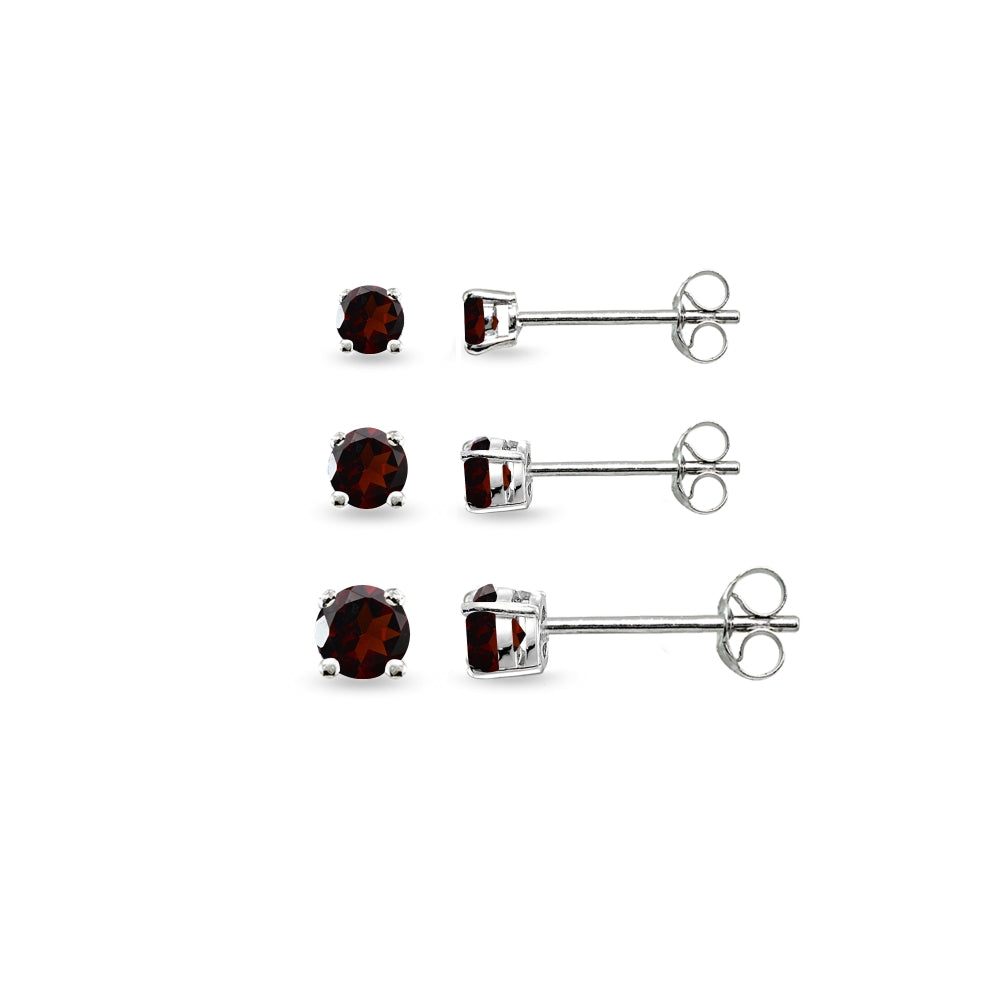 3-Pair Set Sterling Silver Garnet Round Stud Earrings, 3mm 4mm 5mm-4