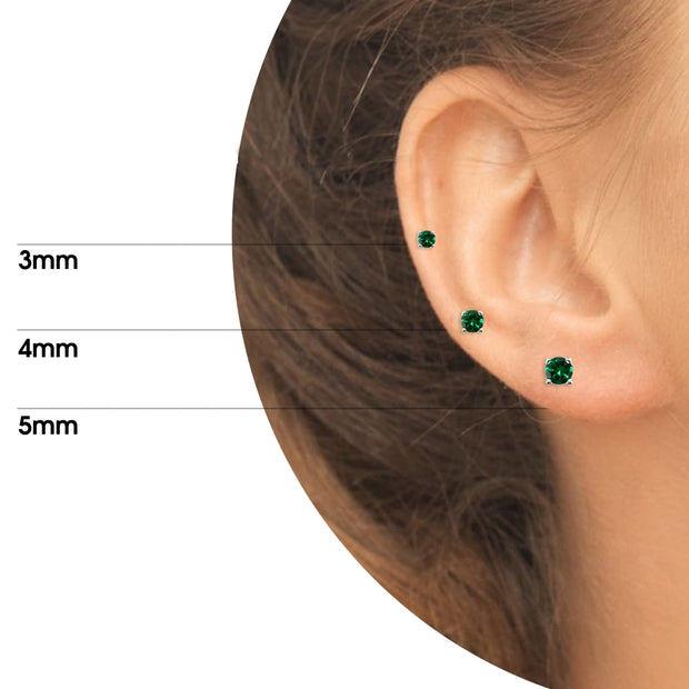 3-Pair Set Sterling Silver Simulated Emerald Round Stud Earrings, 3mm 4mm 5mm